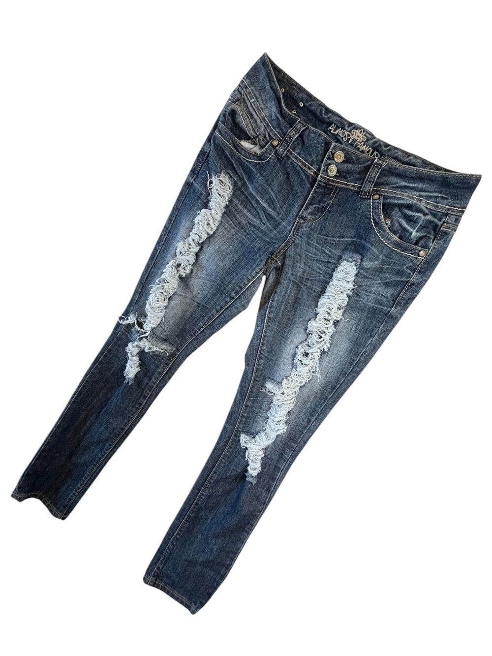 Almost Famous Jeans Women 9 Mid Rise Distressed Stretch Always Fabulous (W32 L31 - Picture 8 of 16